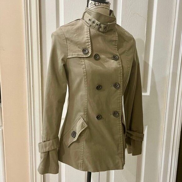 Y2K OAKLEY TRENCH COAT KHAKI SZ XS PEA COAT MILITARY STYLE VERSATILE AESTHETIC - Picture 10 of 16